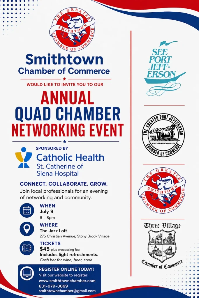 Event flyer for Smithtown Chamber event at The Jazz Loft on July 9, 2026.