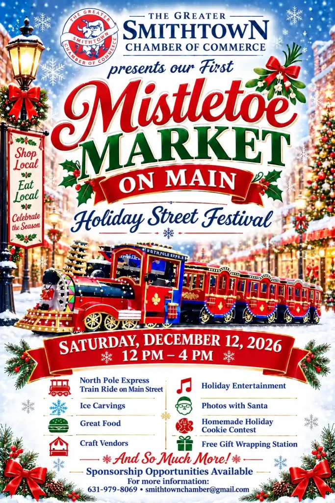 Winter-themed flyer from the Greater Smithtown Chamber of Commerce for the first Mistletoe Market on Main Holiday Street Festival, on Saturday, December 12, 2026, 12 PM to 4 PM. A snowy, decorated Main Street has a glowing lamppost with a "Shop Local, Eat Local, Celebrate the Season" banner and a lit Christmas tree. A red and blue "North Pole Express" train is in the center. Icons list a train ride, ice carvings, great food, craft vendors, holiday entertainment, photos with Santa, a cookie contest and free gift wrapping. The flyer also lists sponsorship opportunities, phone 631-979-8069 and email smithtownchamber@gmail.com.